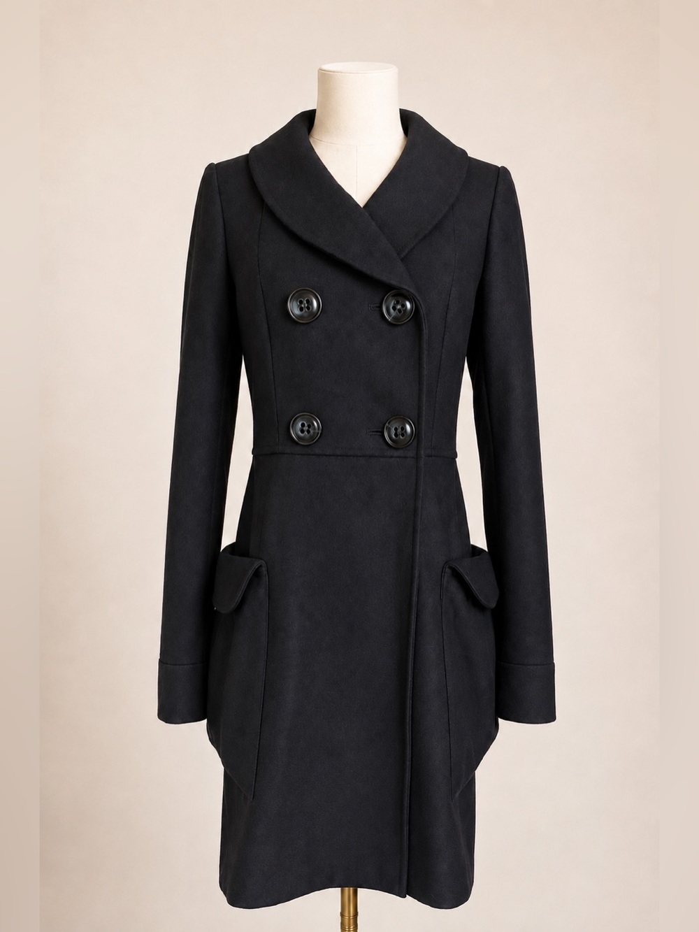 Vera Wang Purple Label Size 6 Black 100% Wool Silk Lined Double Breasted Coat